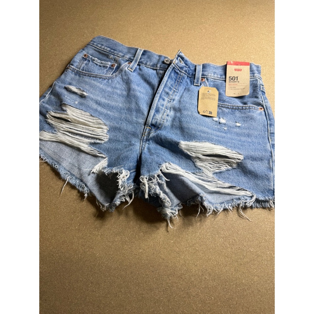 Levis 501 High Rise Distressed Denim Shorts Light Wash Blue Cotton 56327-0231